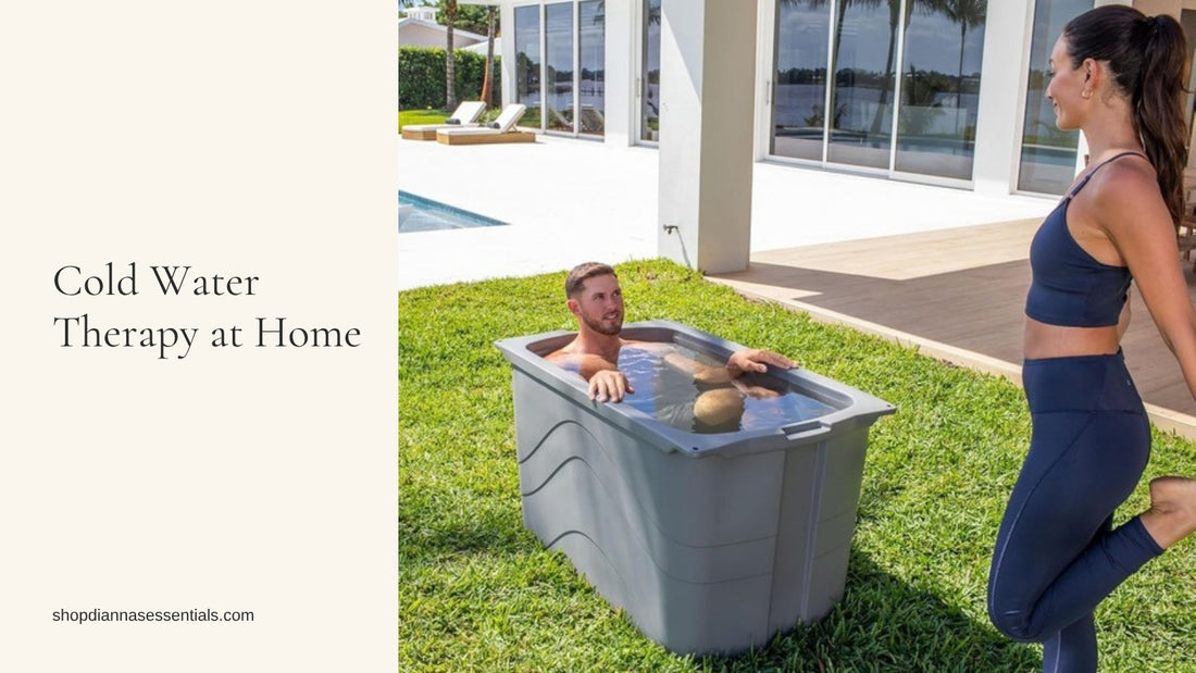 Man sitting in a grey Frozin 400 insulated cold plunge tub on a backyard lawn while a woman stretches nearby