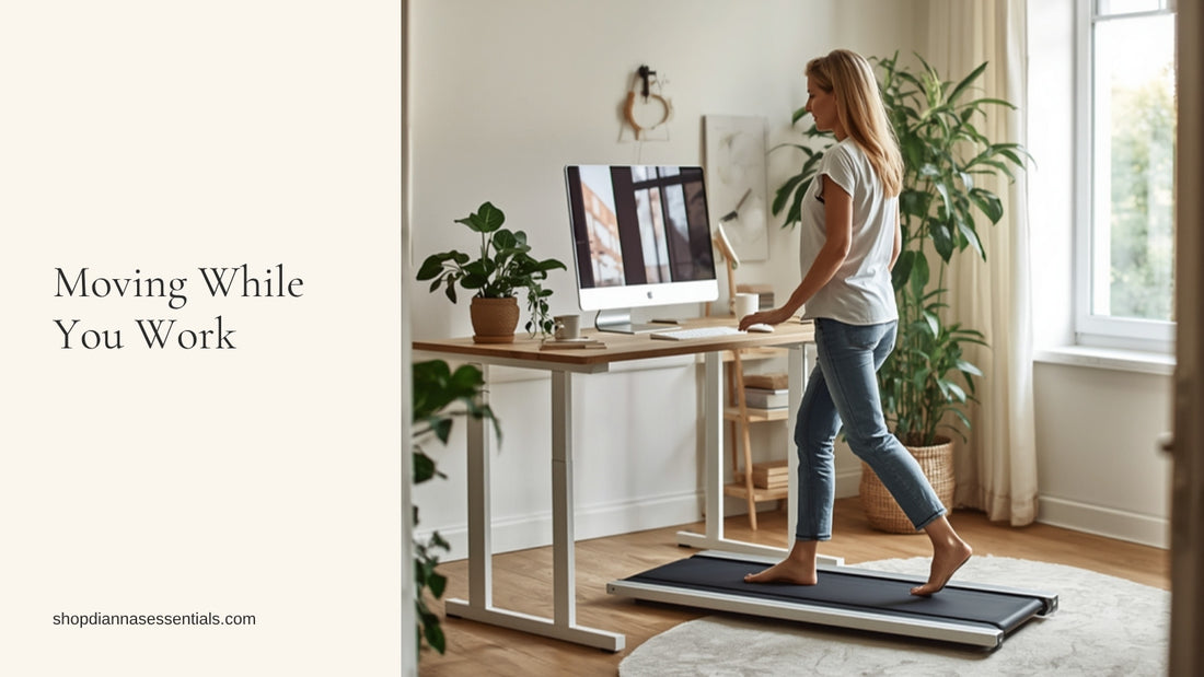 Woman walking on an under-desk walking pad while working at a standing desk in a bright home office