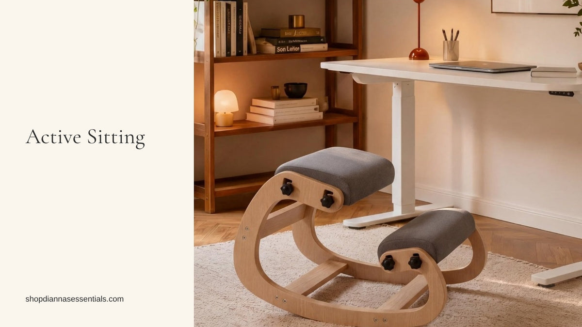 Wooden ergonomic kneeling chair beside a standing desk in a warm home office