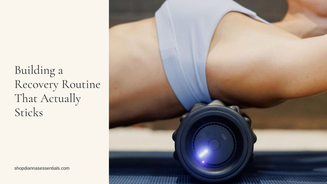 Person rolling their back on a VibePro Flow vibrating foam roller on a yoga mat, with the roller's light glowing