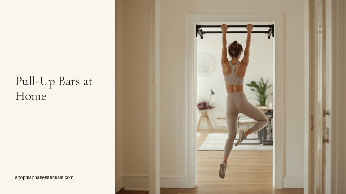 Woman doing a pull-up on a doorway pull-up bar mounted in the door frame at home