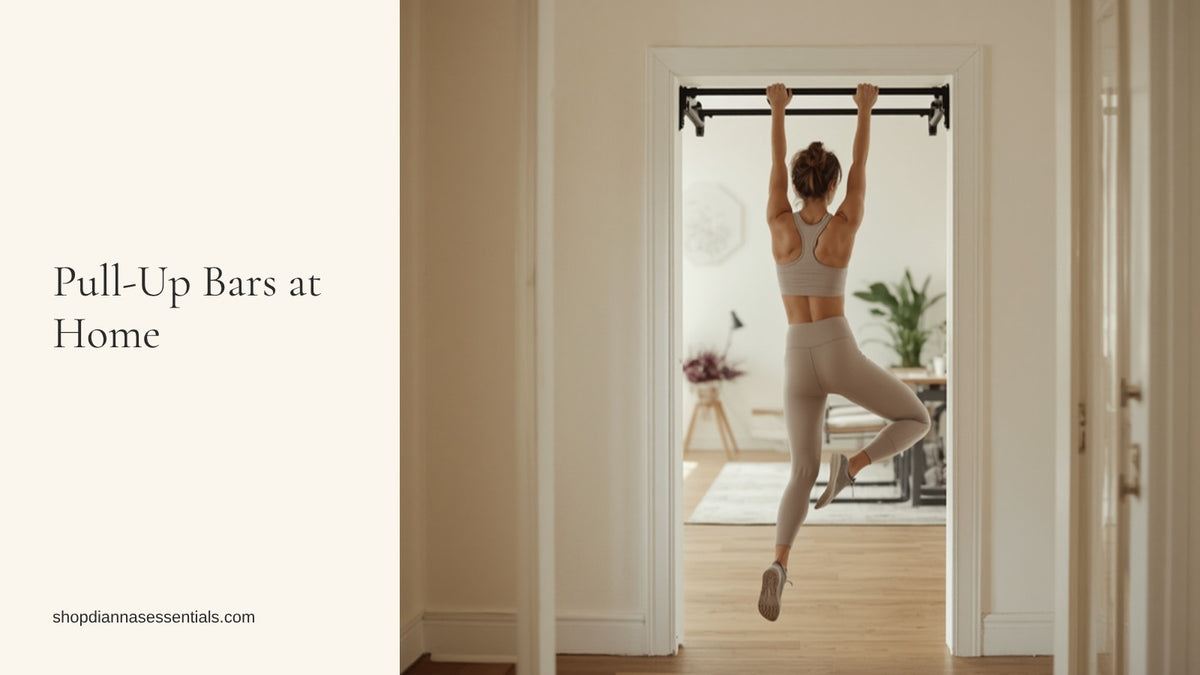 Woman doing a pull-up on a doorway pull-up bar mounted in the door frame at home
