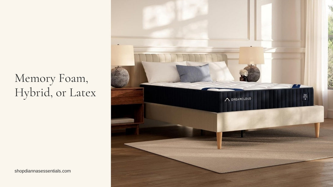 DreamCloud Classic Hybrid mattress on an upholstered bed in a sunlit bedroom with wood floors and a rug