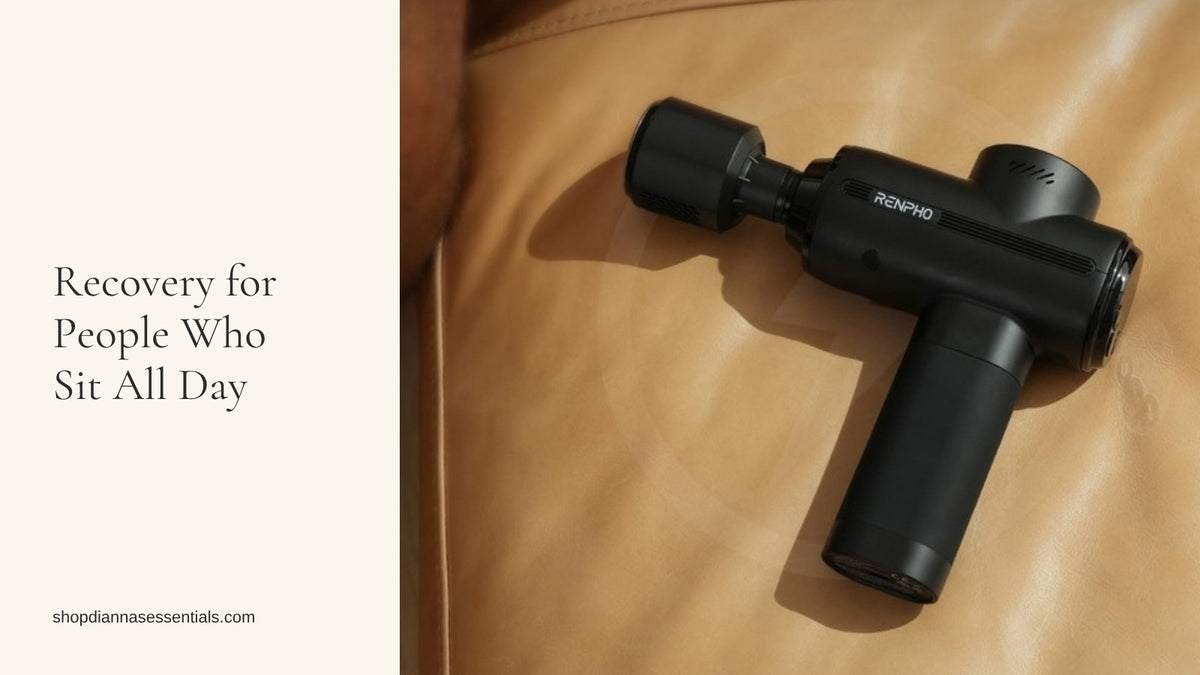 RENPHO Active Thermacool 2 heat and cold massage gun resting on a caramel leather couch