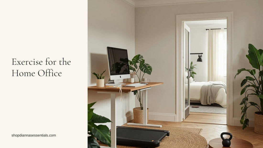 Home office with a wood-top standing desk, walking pad, kettlebell, balance board, and plants, with a bedroom through the open door