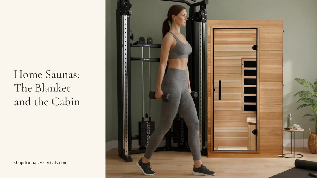 Dynamic Saunas Elite 1-person infrared cedar sauna in a home gym, with a woman walking past carrying dumbbells
