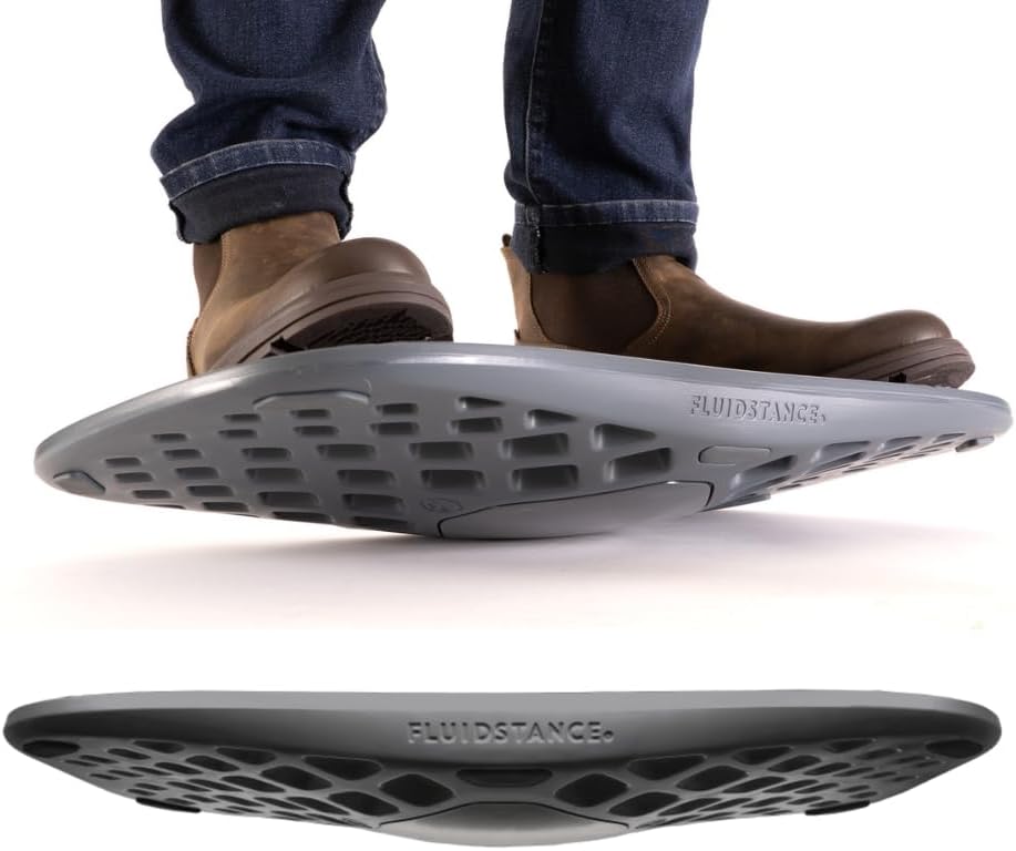 FluidStance Plane Balance Board with a person's feet balancing on top, shown from front and side profile