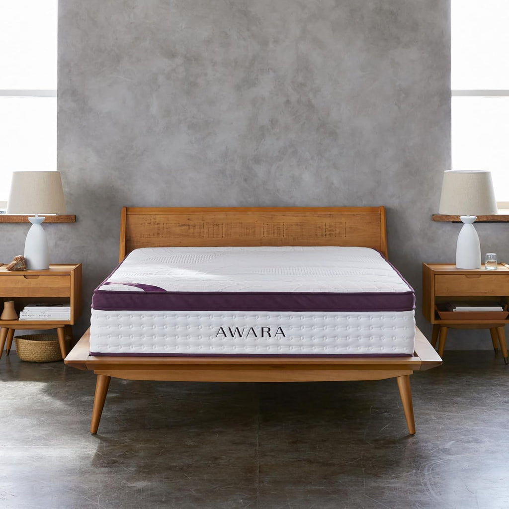 Awara organic latex hybrid mattress, Queen, on a wooden bed frame