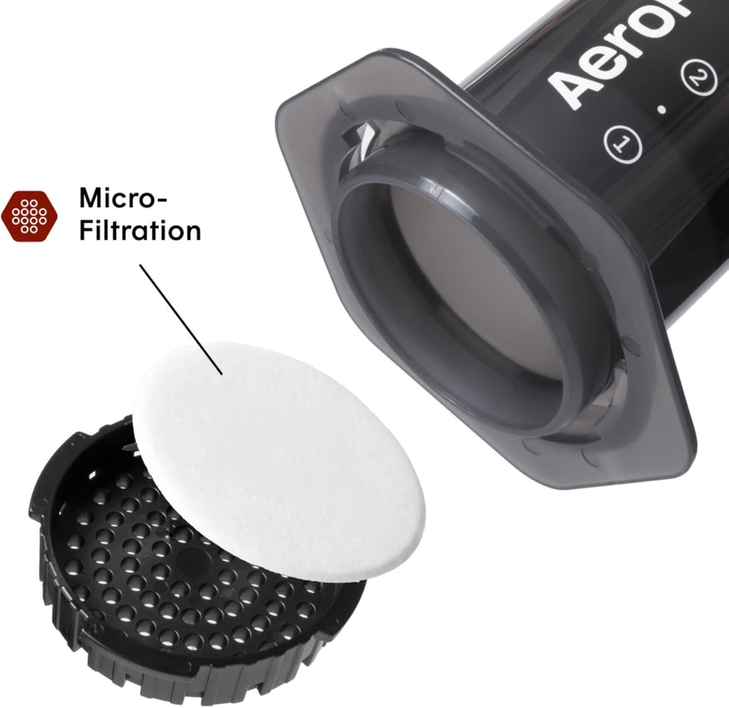 AeroPress Original's micro-filtration paper filter and cap, disassembled