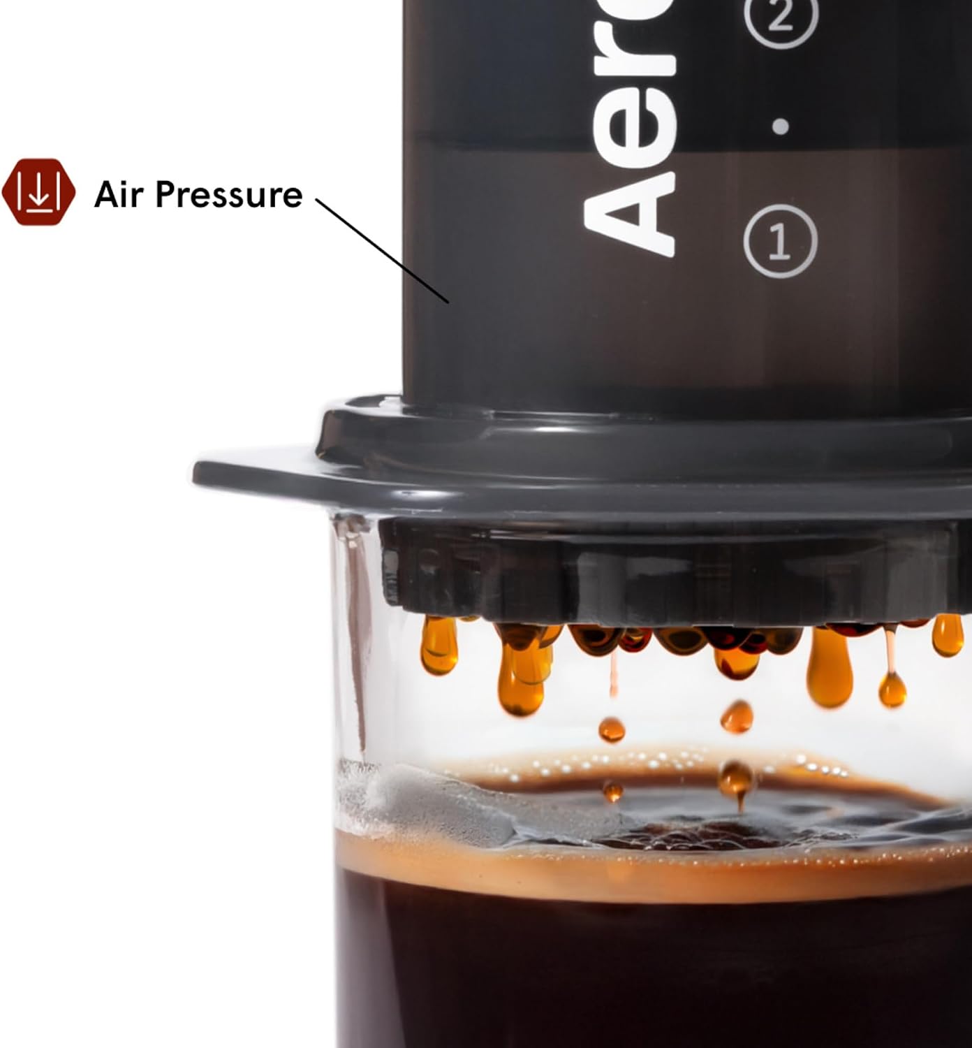 Close-up of coffee dripping through the AeroPress Original's filter cap into a mug
