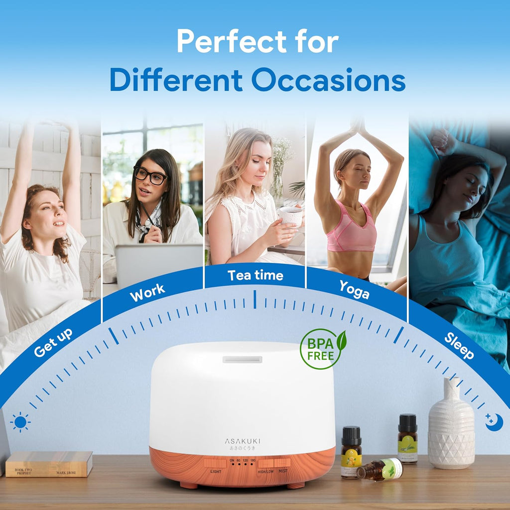 ASAKUKI Essential Oil Diffuser shown for different occasions, including waking up, work, tea time, yoga, and sleep