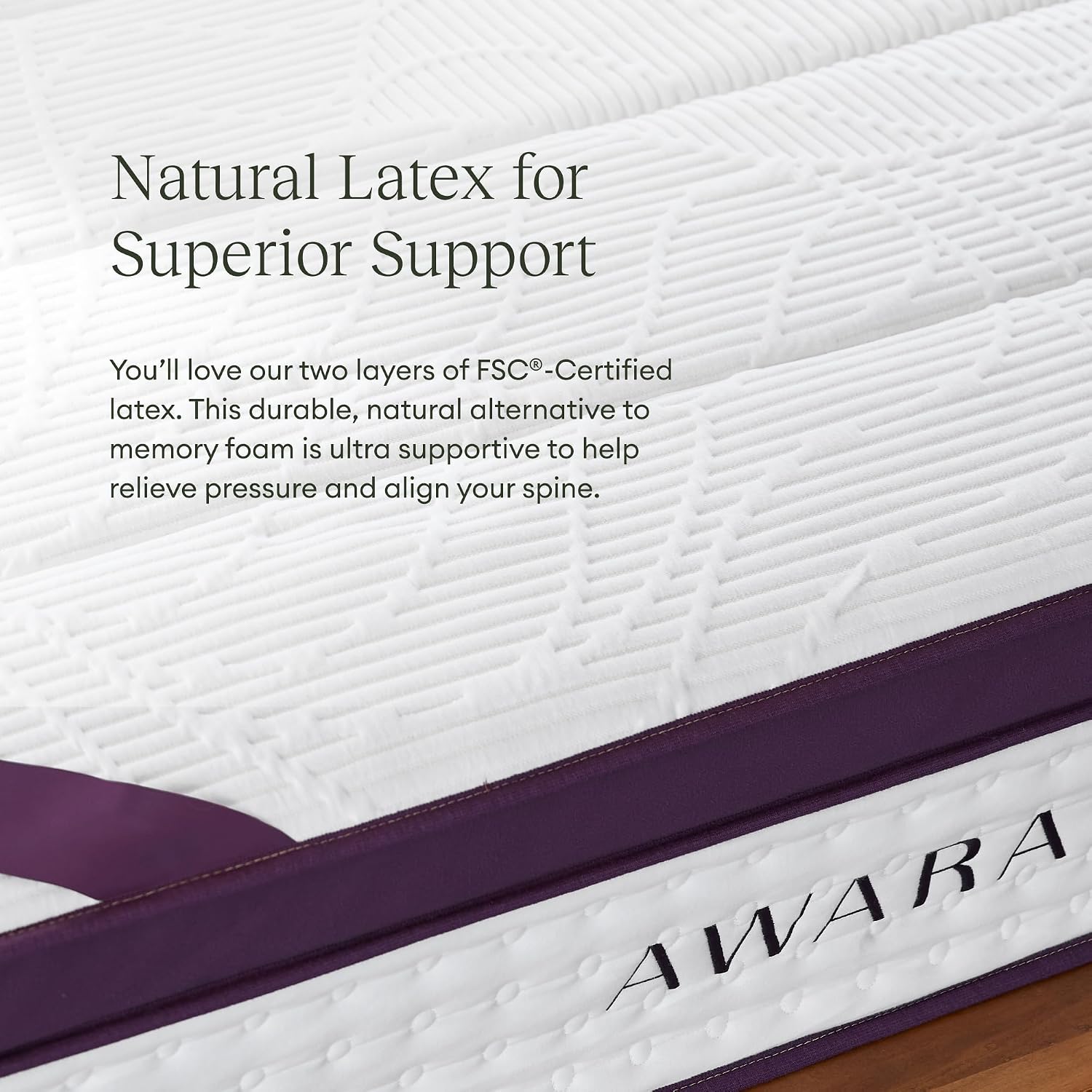 Graphic titled Natural Latex for Superior Support, highlighting the Awara Premier's organic latex layer