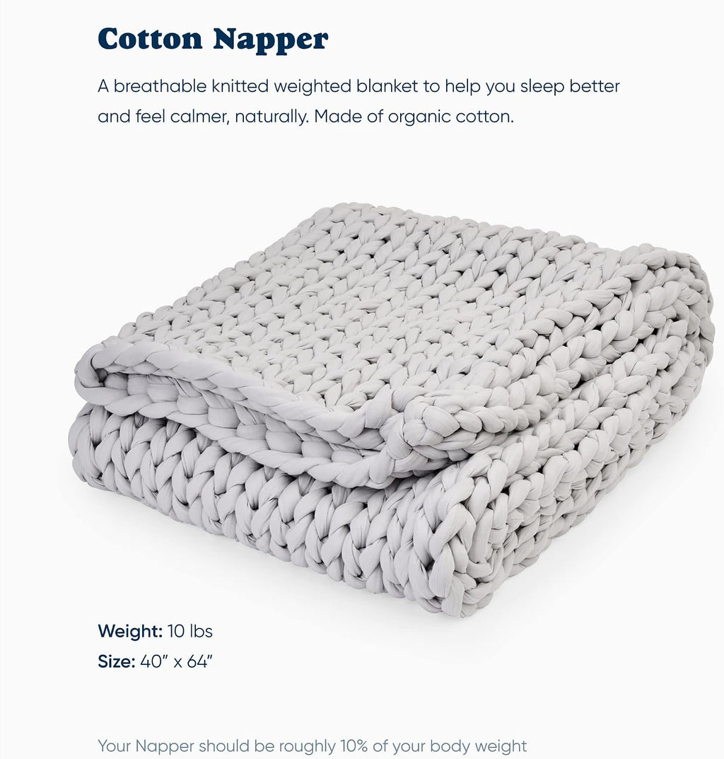 Folded light grey Bearaby Napper organic cotton weighted blanket, 10 lbs and 40 by 64 inches, sized at roughly 10 percent of body weight
