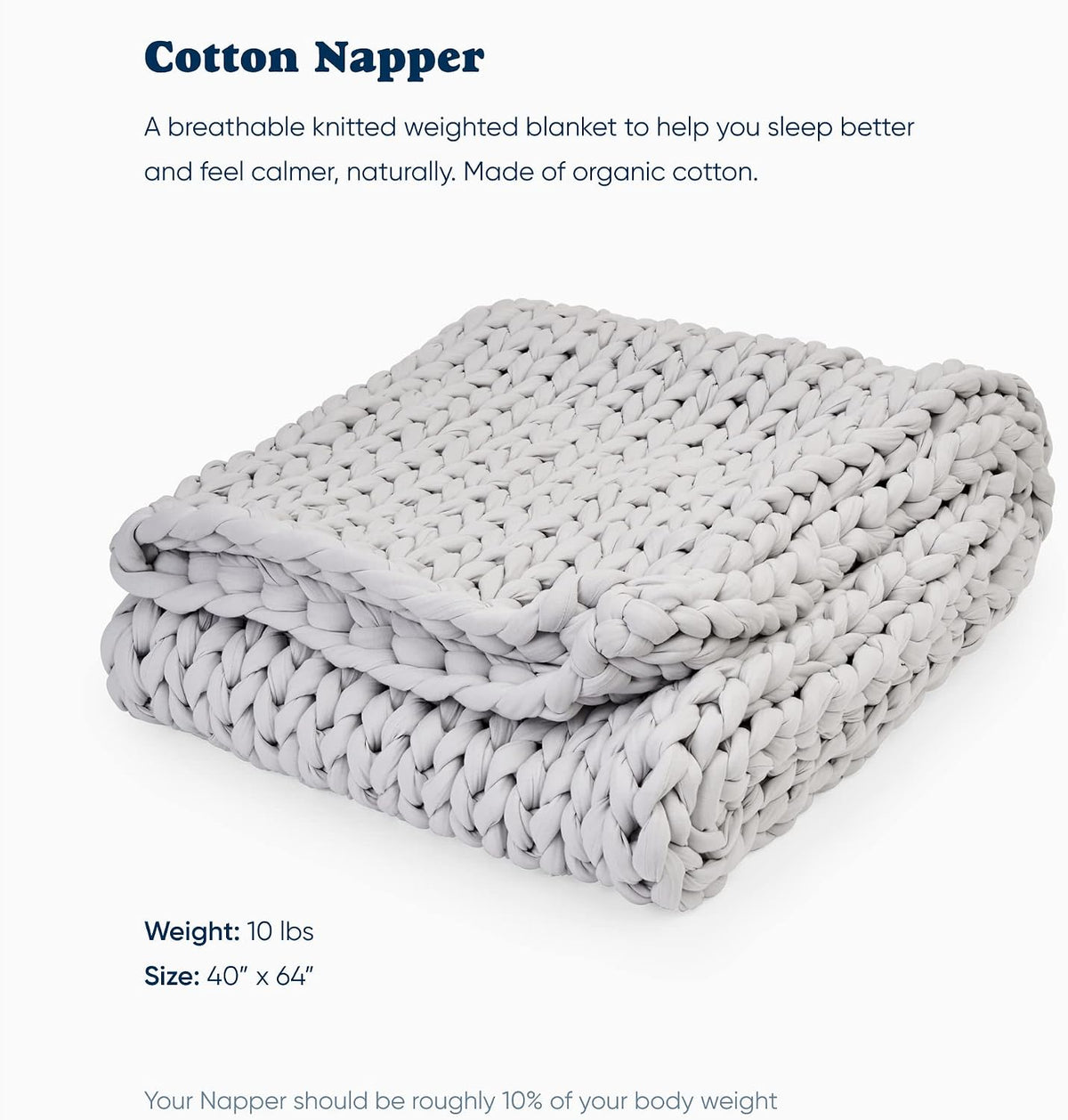 Folded light grey Bearaby Napper organic cotton weighted blanket, 10 lbs and 40 by 64 inches, sized at roughly 10 percent of body weight