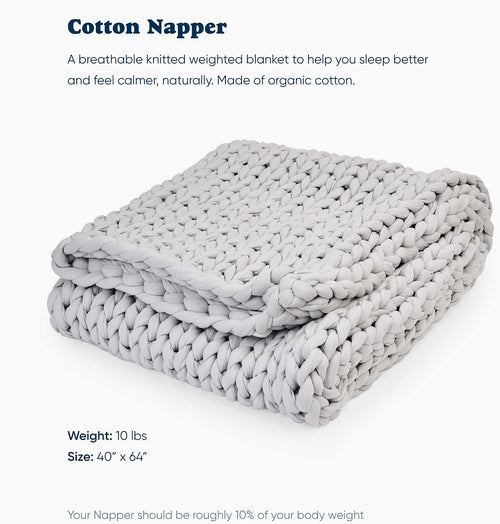 Folded light grey Bearaby Napper organic cotton weighted blanket, 10 lbs and 40 by 64 inches, sized at roughly 10 percent of body weight