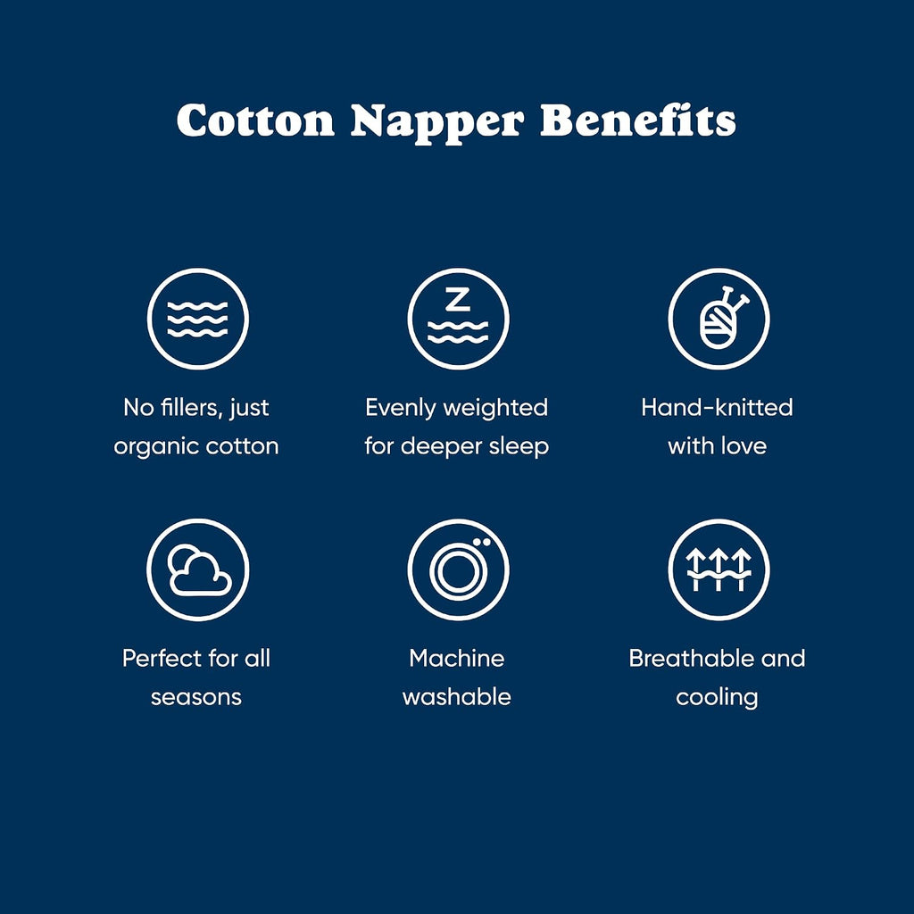 Bearaby Napper Cotton weighted blanket benefits: no fillers just organic cotton, evenly weighted, hand-knitted, all-season, machine washable, breathable and cooling
