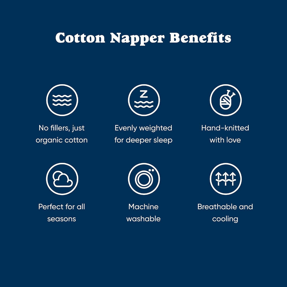 Bearaby Napper Cotton weighted blanket benefits: no fillers just organic cotton, evenly weighted, hand-knitted, all-season, machine washable, breathable and cooling