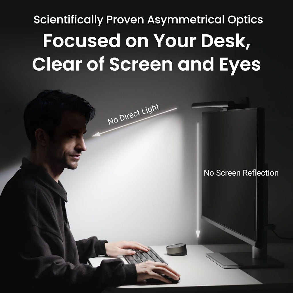 BenQ ScreenBar Halo 2 monitor light bar lighting a desk with no screen glare