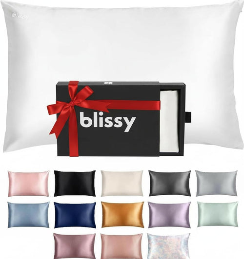 Blissy silk pillowcase in gift box with 13 color options displayed below