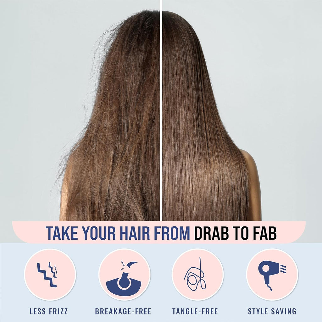 Before and after hair comparison showing less frizz, breakage-free, tangle-free benefits of Blissy silk pillowcase