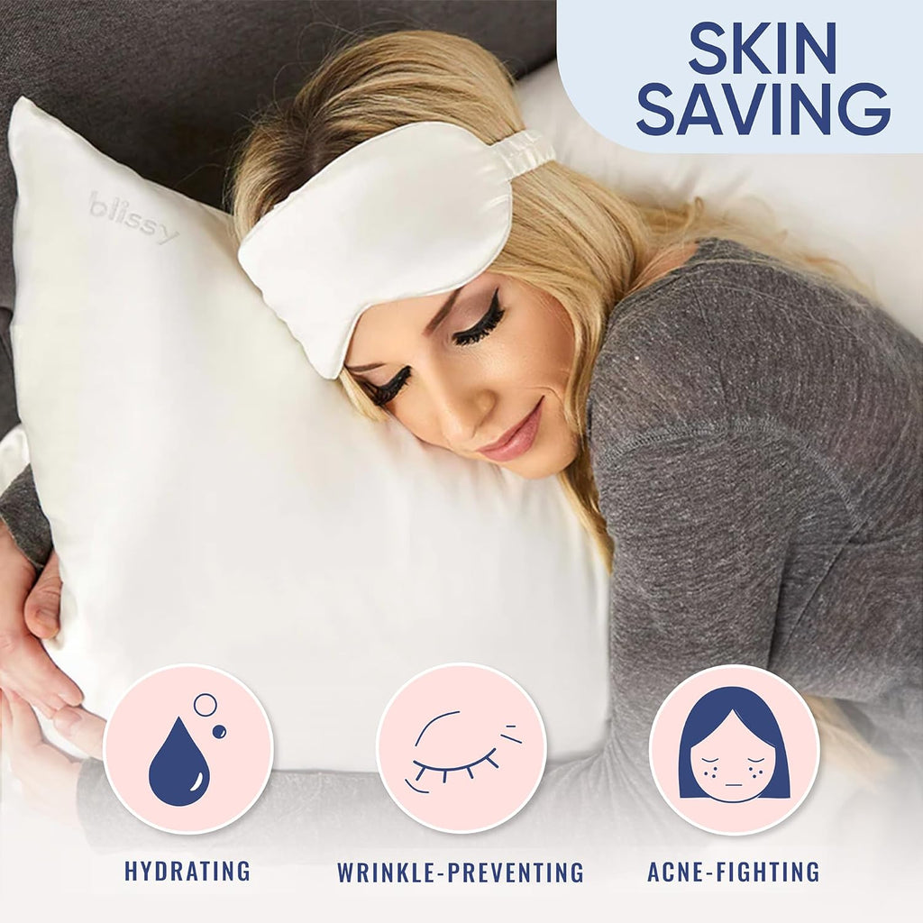 Woman sleeping on Blissy silk pillowcase showing hydrating, wrinkle-preventing, and acne-fighting skin benefits