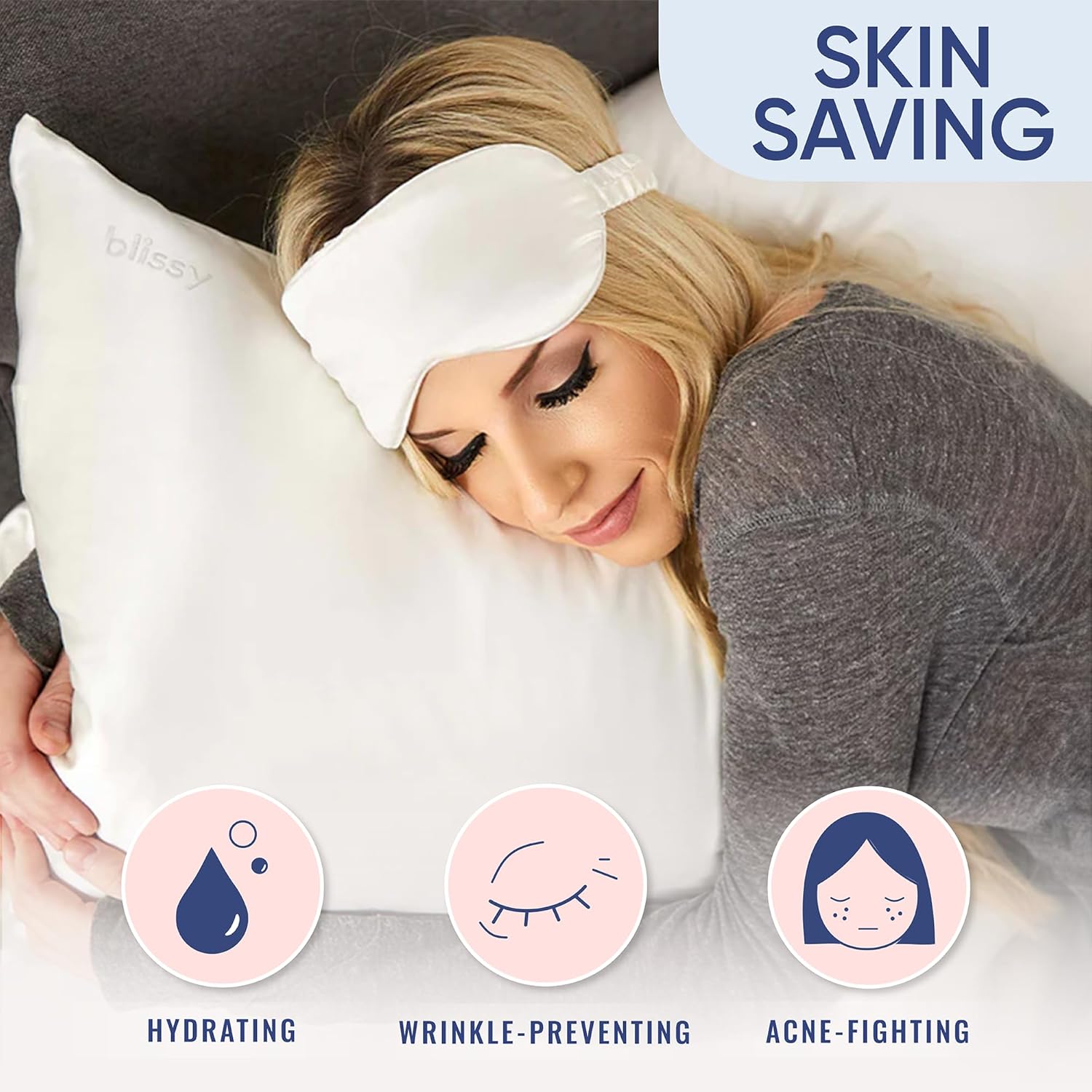 Woman sleeping on Blissy silk pillowcase showing hydrating, wrinkle-preventing, and acne-fighting skin benefits