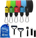 Bodylastics stackable resistance bands set with five color-coded bands, handles, ankle straps, door anchor, and carry bag