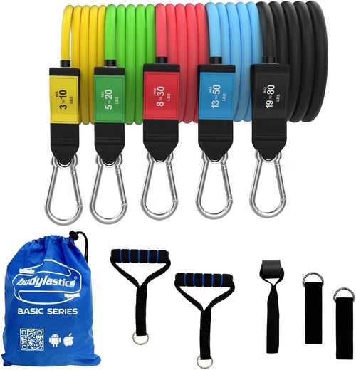 Bodylastics stackable resistance bands set with five color-coded bands, handles, ankle straps, door anchor, and carry bag