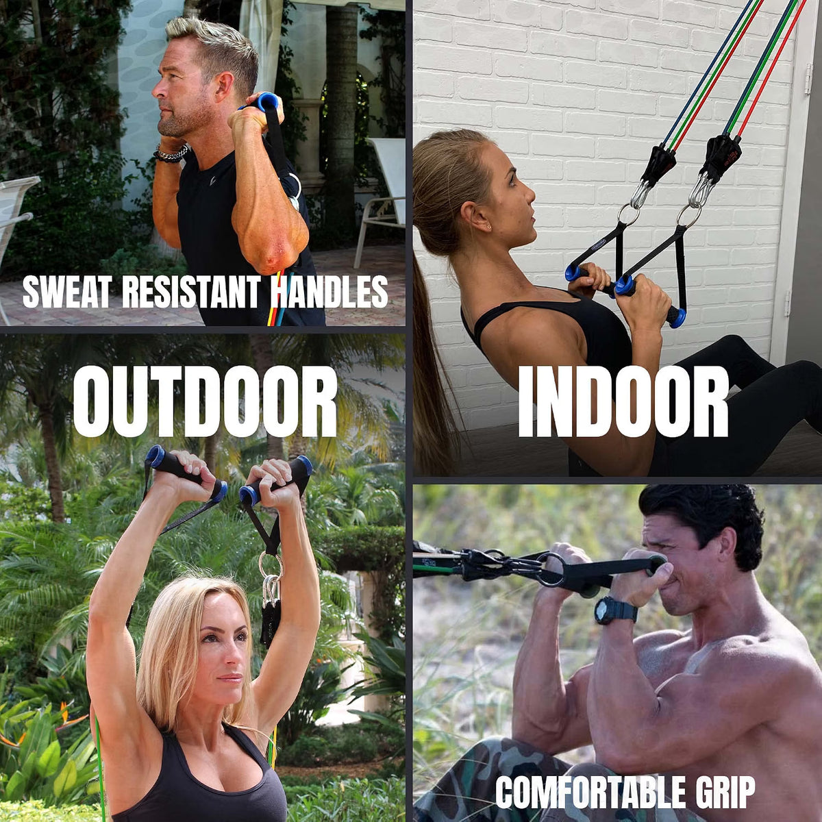 People using Bodylastics resistance bands for indoor and outdoor full-body strength workouts