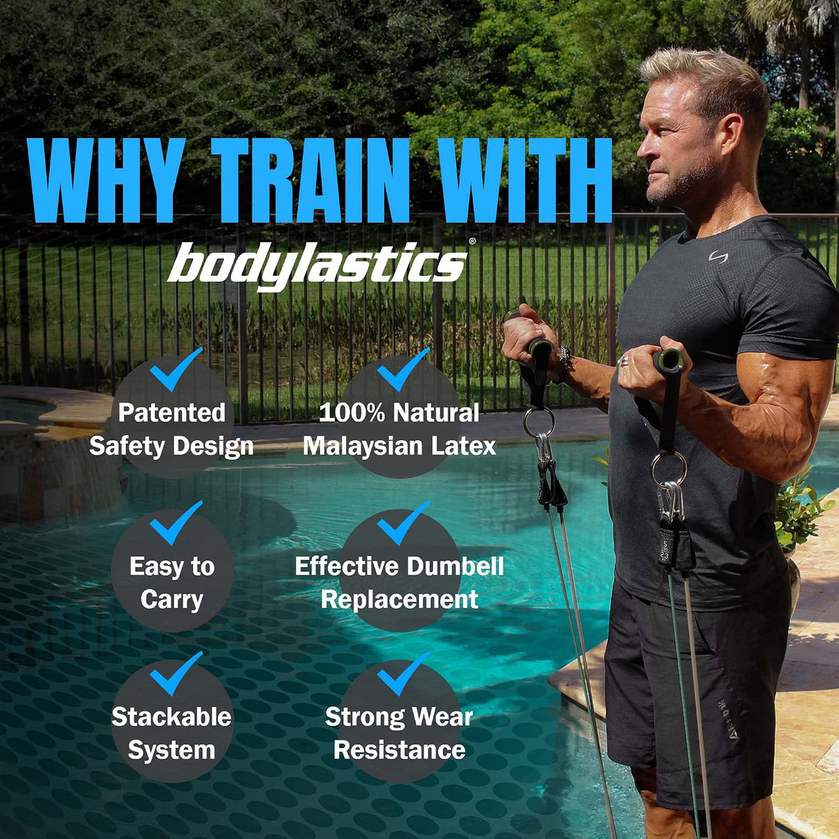 Bodylastics resistance bands feature graphic on why to train with the stackable band system