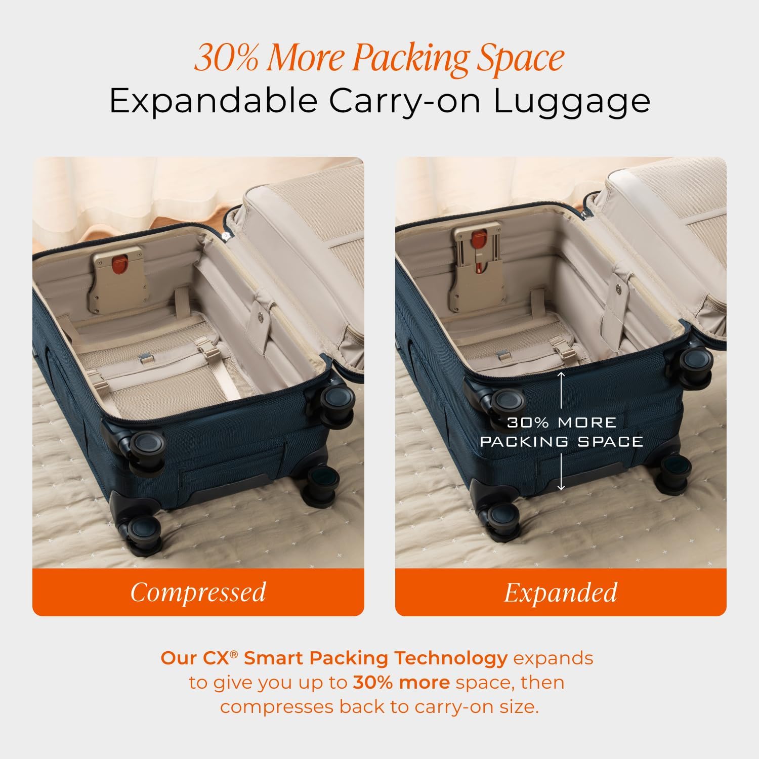 Briggs & Riley Baseline Essential Expandable Spinner Luggage in navy, compared compressed versus expanded