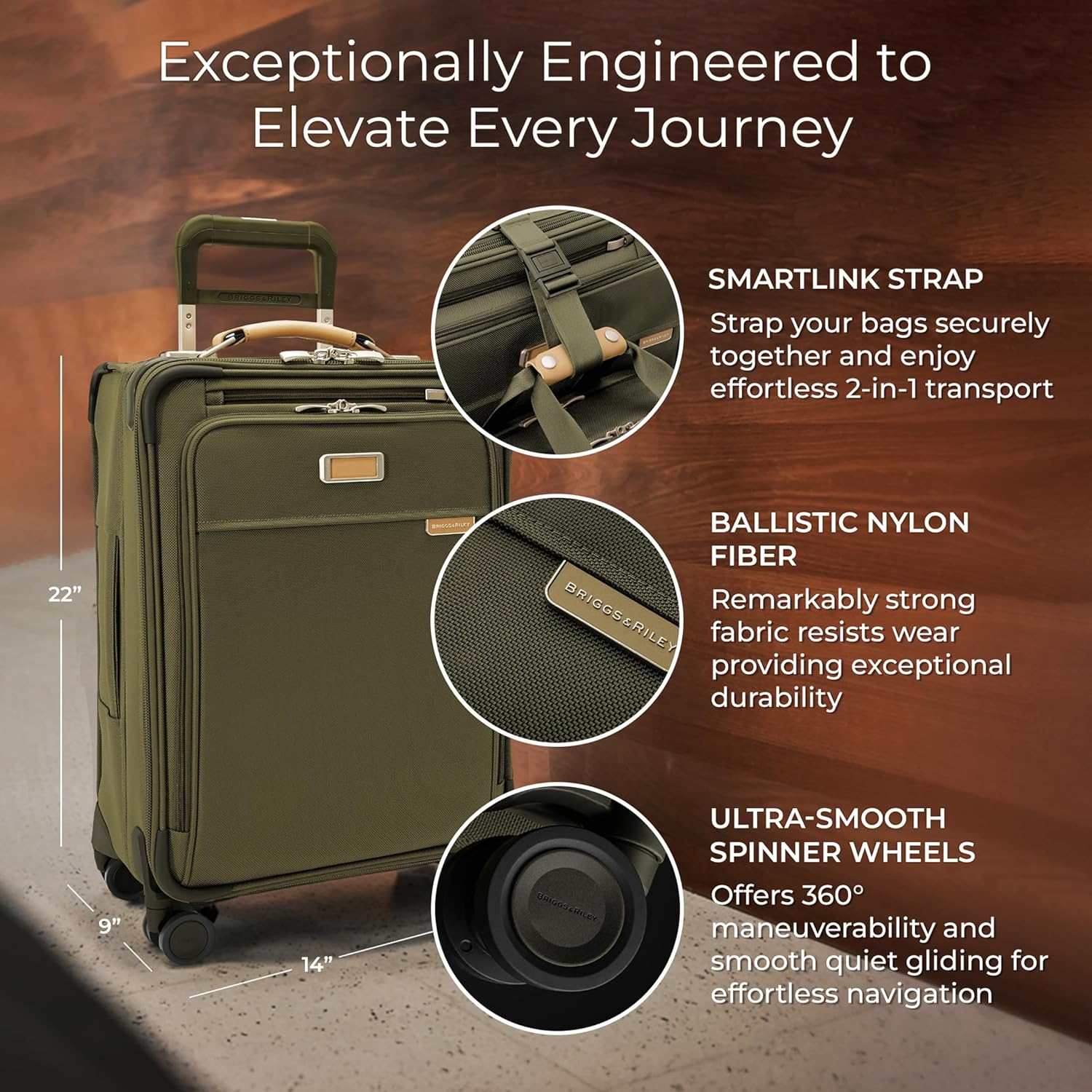 Briggs & Riley Baseline Essential Expandable Spinner Luggage in olive green, showing zipper and wheel construction details