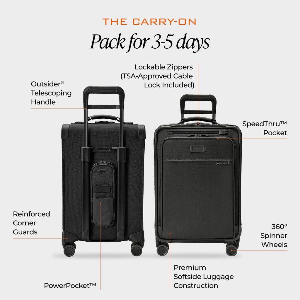 Briggs & Riley Baseline Essential Expandable Spinner Luggage in black, shown compressed and expanded with feature callouts