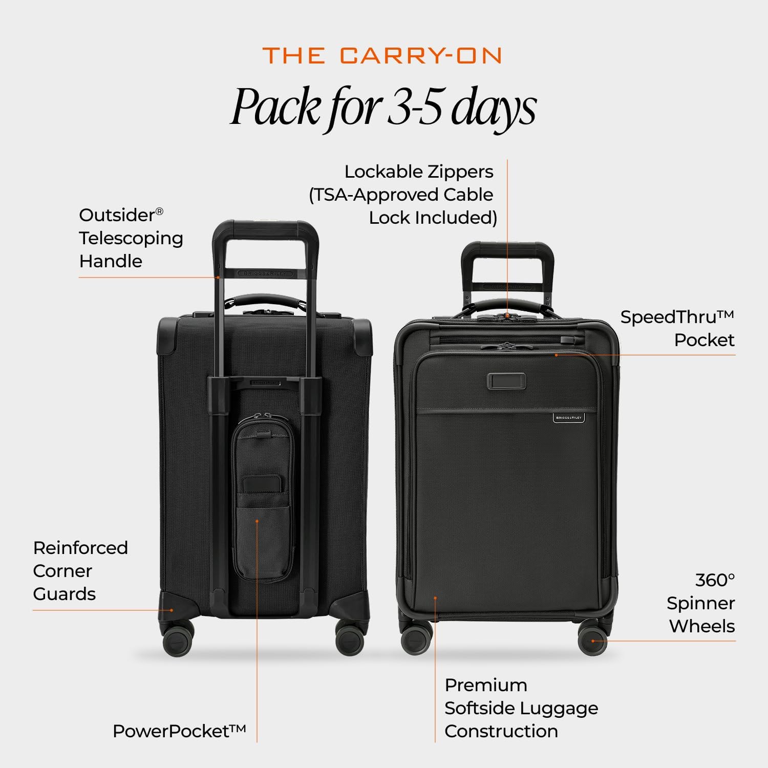 Briggs & Riley Baseline Essential Expandable Spinner Luggage in black, shown compressed and expanded with feature callouts