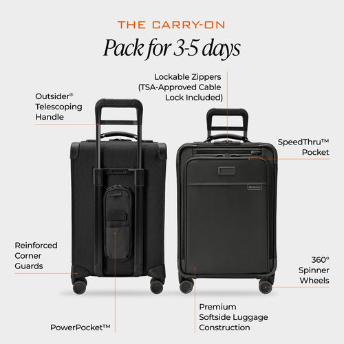Briggs & Riley Baseline Essential Expandable Spinner Luggage in black, shown compressed and expanded with feature callouts