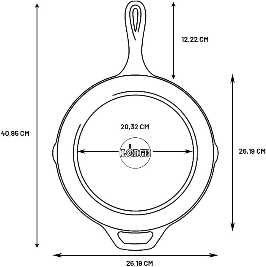 Lodge Cast-Iron Skillet dimension diagram showing top and side view measurements