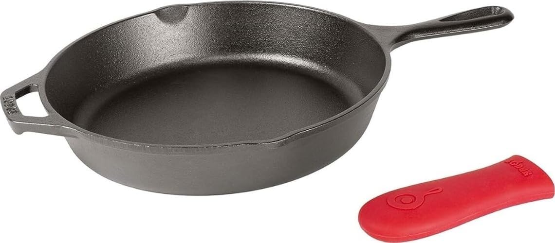 Lodge Cast-Iron Skillet shown with its red silicone hot handle holder