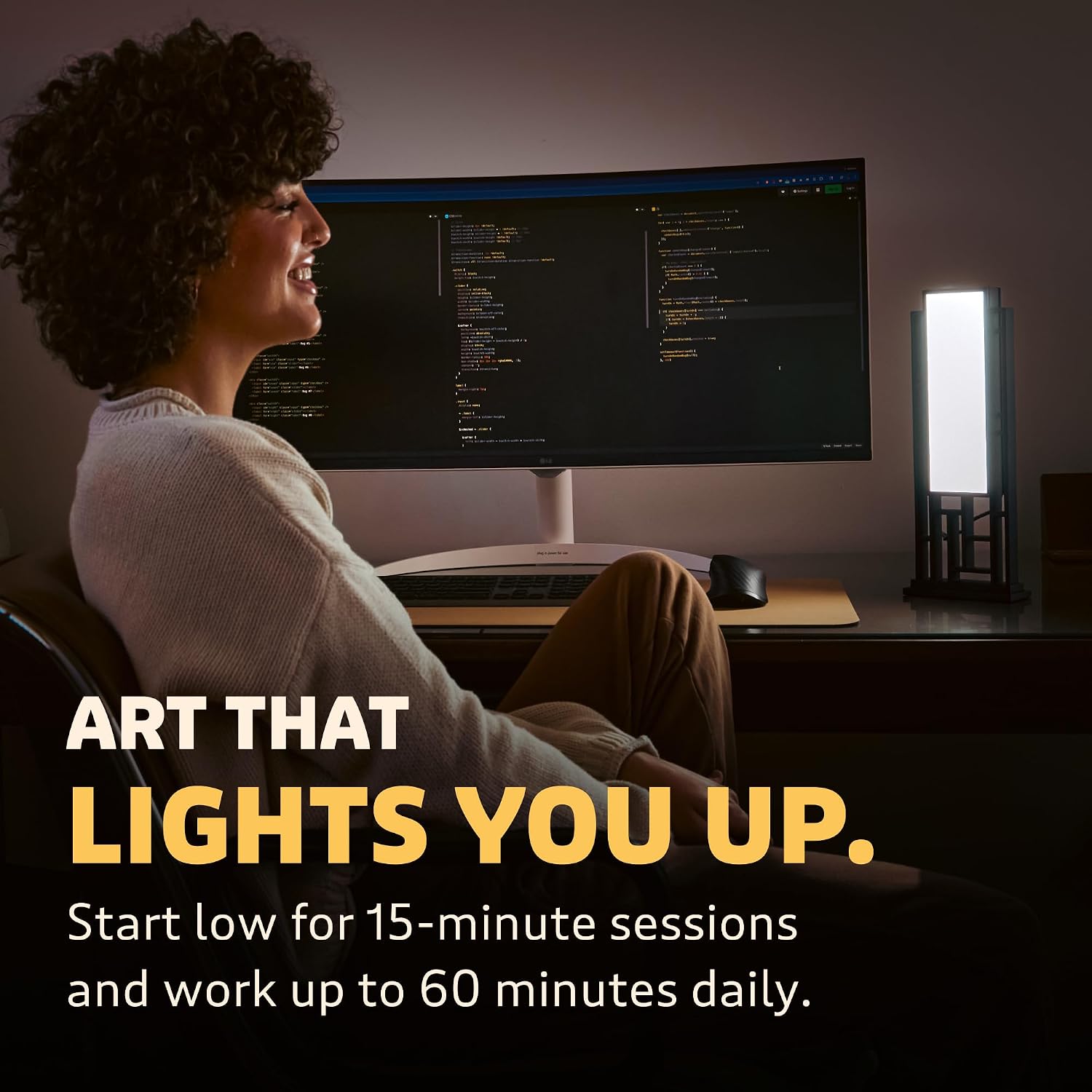 Person using the Circadian Optics Lattis lamp at night, graphic reading Art That Lights You Up