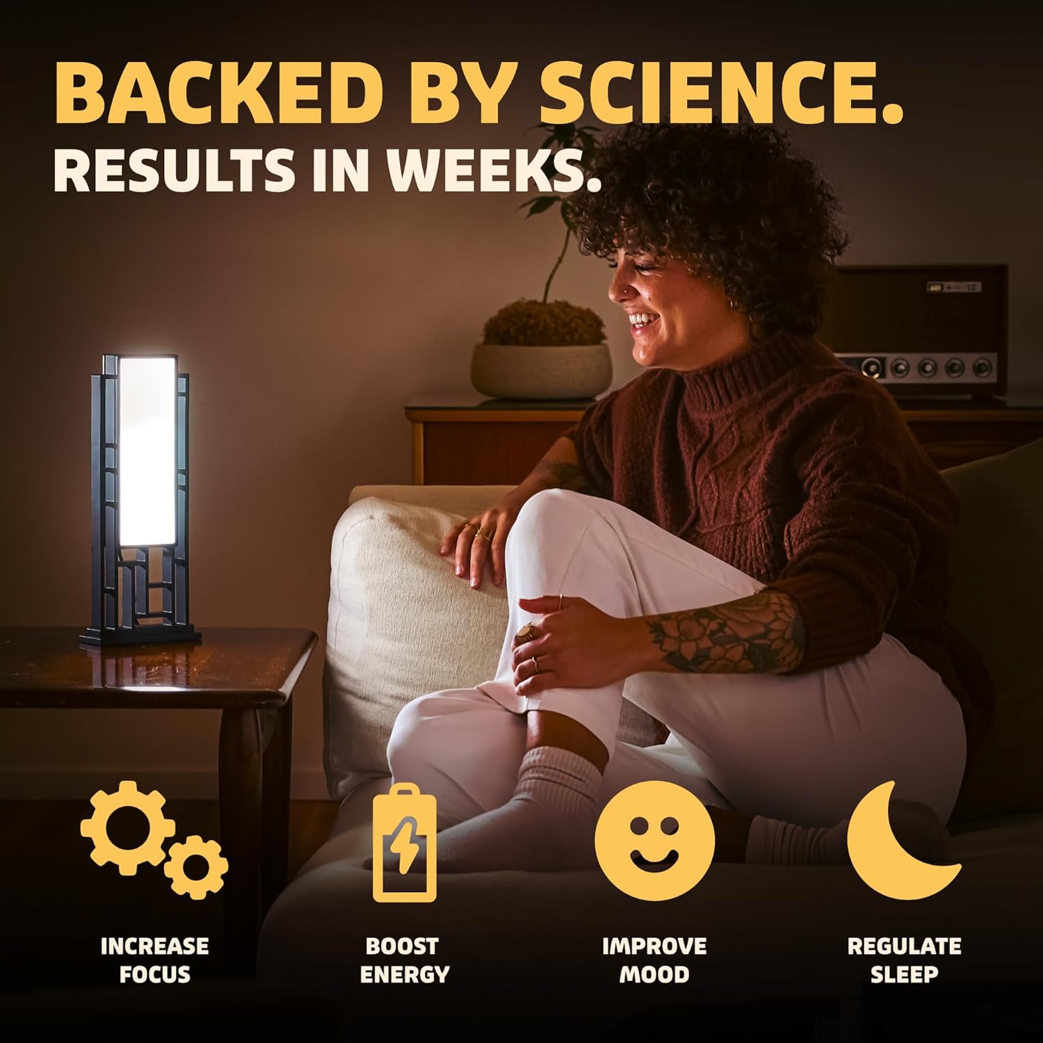 Circadian Optics Lattis lamp graphic reading Backed by Science, Results in Weeks
