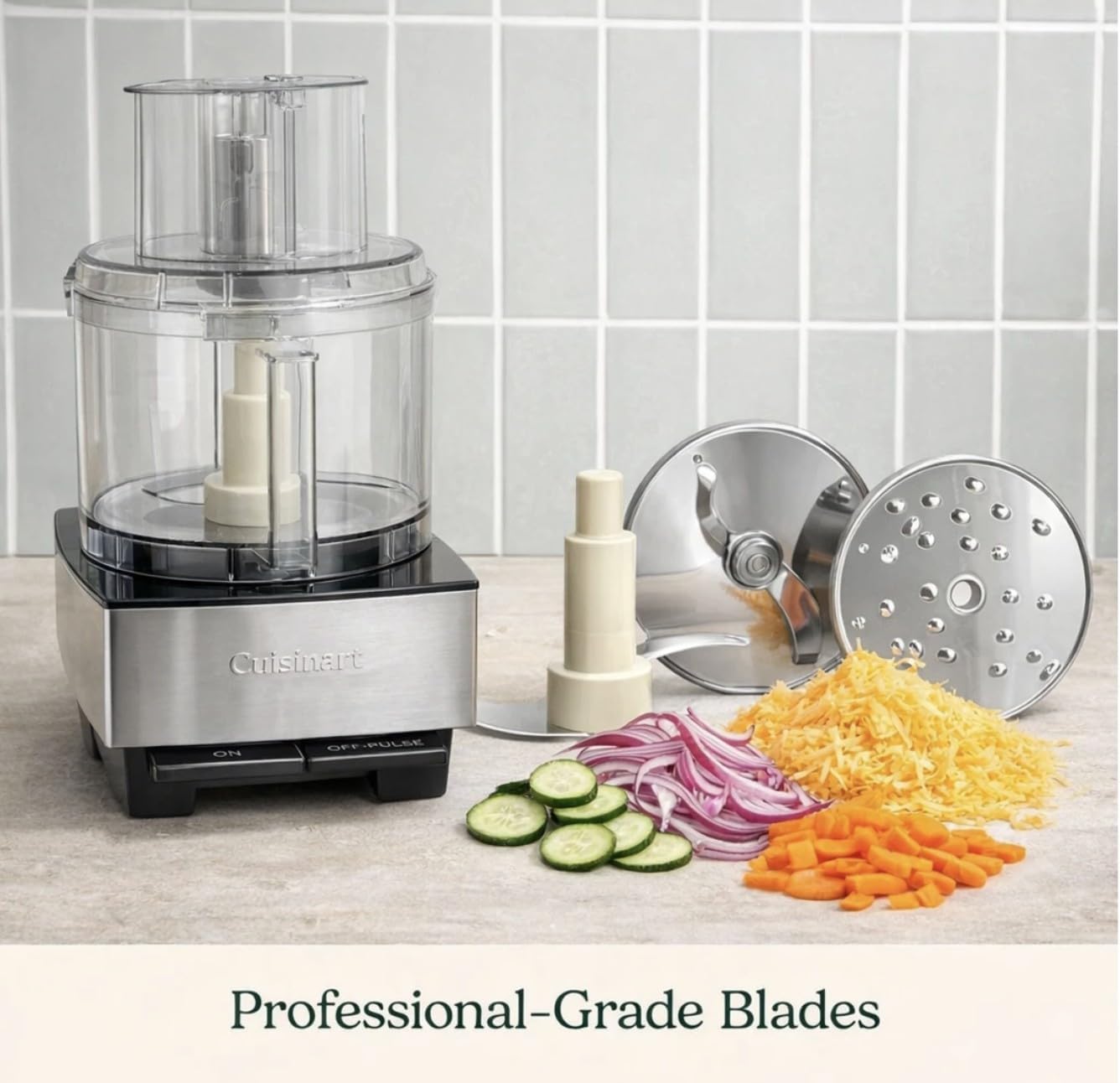 Cuisinart 14-Cup Custom Food Processor with slicing and shredding discs next to sliced cucumber, red onion, shredded cheese, and diced carrots