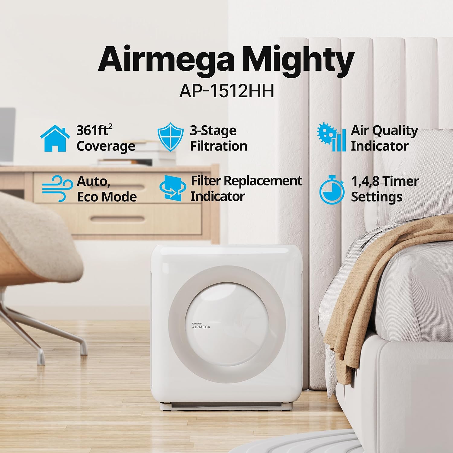 COWAY Mighty Air Purifier styled in a home living room