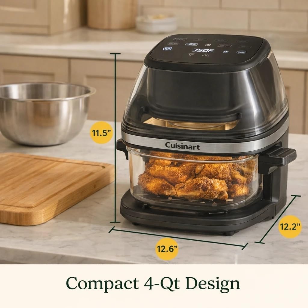 Cuisinart Air Fryer dimension diagram showing its compact 4-quart size with roasted chicken thighs inside
