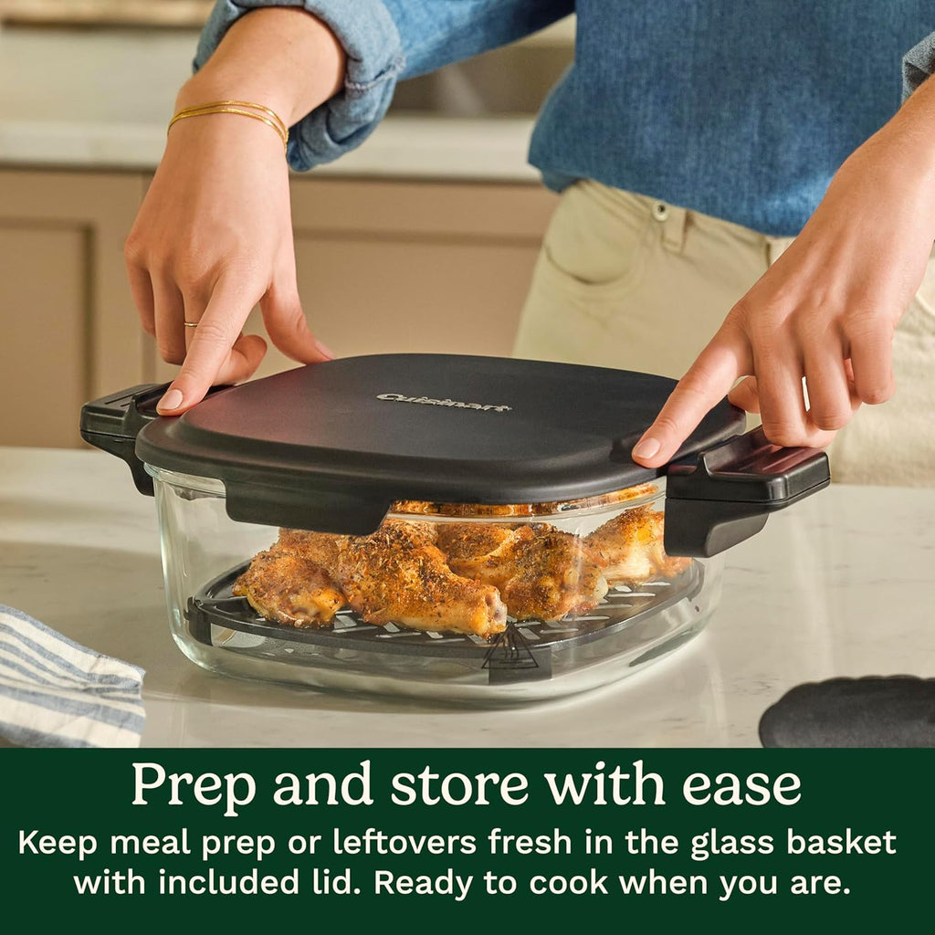 Hand placing the glass lid onto the Cuisinart Air Fryer's glass basket for easy meal prep and storage