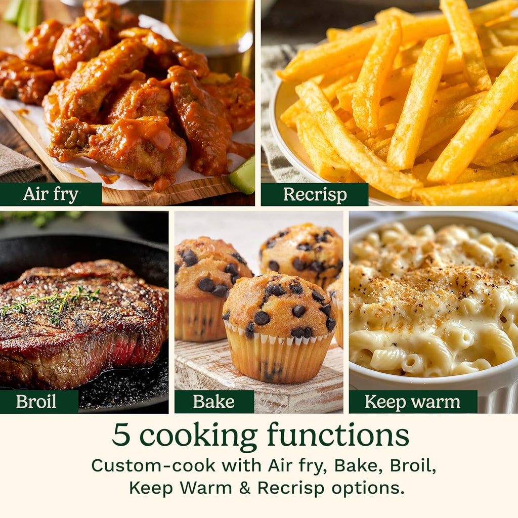Collage of the Cuisinart Air Fryer's 5 cooking functions: air fry wings, recrisp fries, broil steak, bake muffins, and keep warm mac and cheese