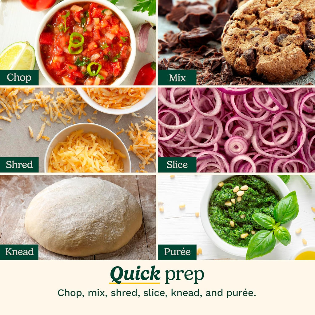 Grid showing the Cuisinart 14-Cup Custom Food Processor's chop, mix, shred, slice, knead, and puree functions