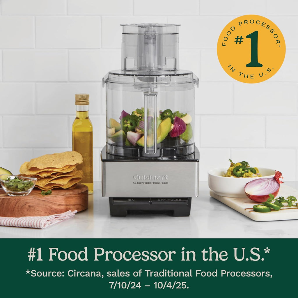 Cuisinart 14-Cup Custom Food Processor on a kitchen counter with tortillas, avocado, and chopped vegetables, labeled #1 Food Processor in the U.S.