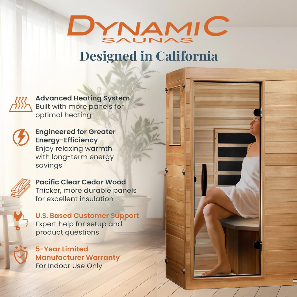 Woman relaxing inside the Dynamic Saunas Elite infrared cedar sauna, with features: advanced heating, energy efficiency, Pacific clear cedar, US support, 5-year warranty
