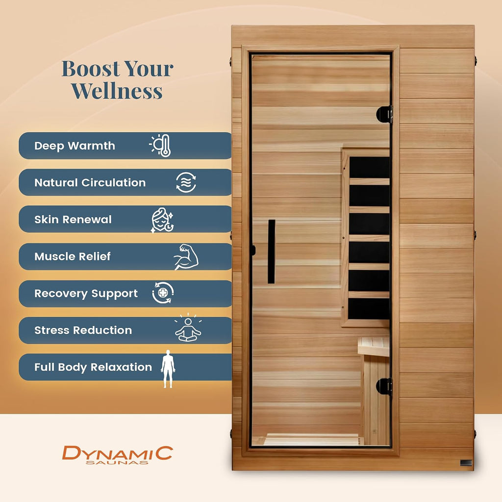 Dynamic Saunas Elite cedar infrared sauna cabin with a list of wellness benefits: deep warmth, circulation, skin renewal, muscle relief, recovery, stress reduction, relaxation