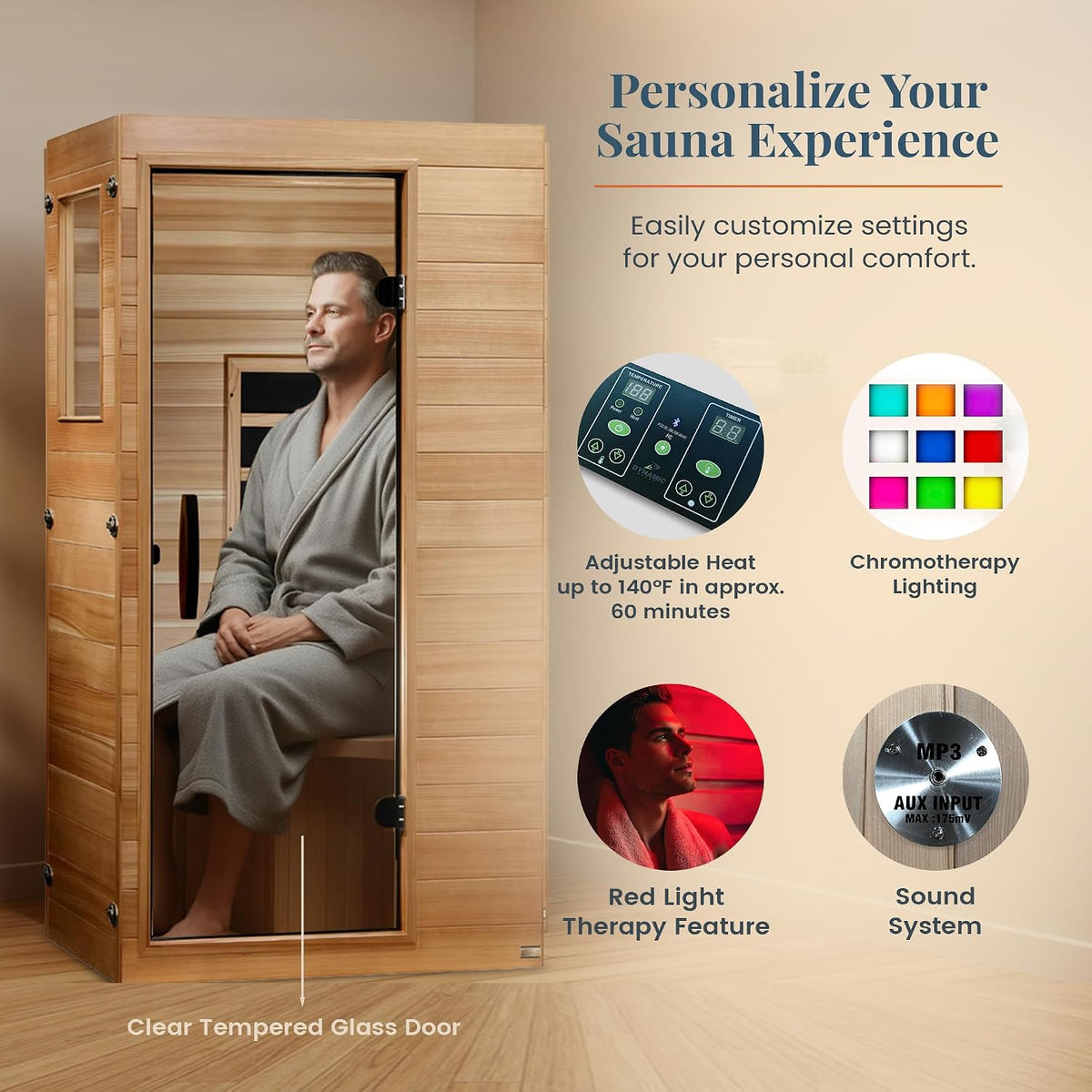 Man in a robe seated inside the Dynamic Saunas Elite infrared sauna, showing adjustable heat control, chromotherapy lighting, red light therapy, sound system, and clear glass door