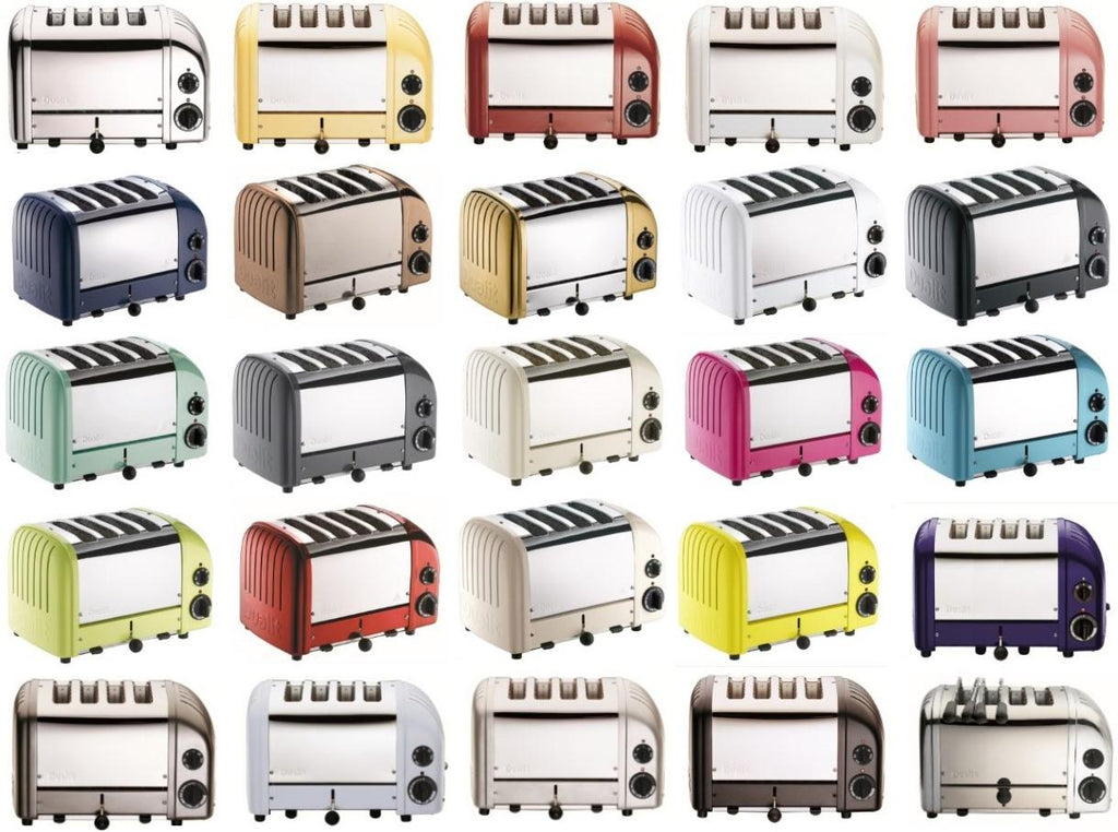 Grid of Dualit Classic Toaster color options across more than twenty finishes